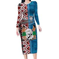 Personalised Aotearoa and Fiji Together Long Sleeve Bodycon Dress Melanesian Warrior and Koru - Taniko with Hibiscus Tapa Pattern LT03 Long Dress Blue - Polynesian Pride