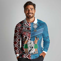 Personalised Aotearoa and Fiji Together Long Sleeve Polo Shirt Melanesian Warrior and Koru - Taniko with Hibiscus Tapa Pattern LT03 - Polynesian Pride