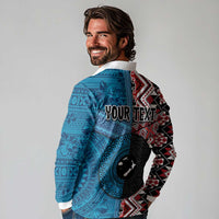 Personalised Aotearoa and Fiji Together Long Sleeve Polo Shirt Melanesian Warrior and Koru - Taniko with Hibiscus Tapa Pattern LT03 - Polynesian Pride
