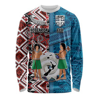Personalised Aotearoa and Fiji Together Long Sleeve Shirt Melanesian Warrior and Koru - Taniko with Hibiscus Tapa Pattern LT03 Unisex Blue - Polynesian Pride