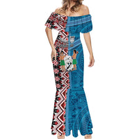 Personalised Aotearoa and Fiji Together Mermaid Dress Melanesian Warrior and Koru - Taniko with Hibiscus Tapa Pattern LT03 - Polynesian Pride
