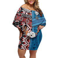 Personalised Aotearoa and Fiji Together Off Shoulder Short Dress Melanesian Warrior and Koru - Taniko with Hibiscus Tapa Pattern LT03 Women Blue - Polynesian Pride
