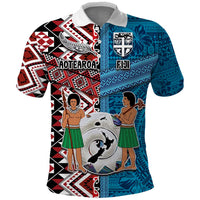 Personalised Aotearoa and Fiji Together Polo Shirt Melanesian Warrior and Koru - Taniko with Hibiscus Tapa Pattern LT03 Blue - Polynesian Pride