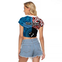 Personalised Aotearoa and Fiji Together Raglan Cropped T Shirt Melanesian Warrior and Koru - Taniko with Hibiscus Tapa Pattern LT03 - Polynesian Pride