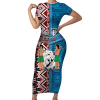 Personalised Aotearoa and Fiji Together Short Sleeve Bodycon Dress Melanesian Warrior and Koru - Taniko with Hibiscus Tapa Pattern LT03 Long Dress Blue - Polynesian Pride