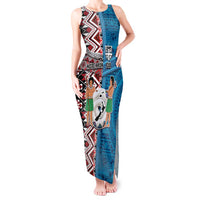 Personalised Aotearoa and Fiji Together Tank Maxi Dress Melanesian Warrior and Koru - Taniko with Hibiscus Tapa Pattern LT03 Women Blue - Polynesian Pride
