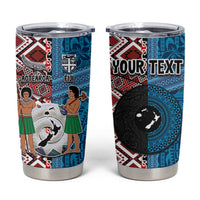 Personalised Aotearoa and Fiji Together Tumbler Cup Melanesian Warrior and Koru - Taniko with Hibiscus Tapa Pattern LT03 Blue - Polynesian Pride