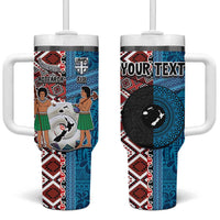 Personalised Aotearoa and Fiji Together Tumbler With Handle Melanesian Warrior and Koru - Taniko with Hibiscus Tapa Pattern LT03 One Size: 40 oz Blue - Polynesian Pride