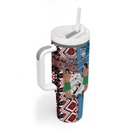 Personalised Aotearoa and Fiji Together Tumbler With Handle Melanesian Warrior and Koru - Taniko with Hibiscus Tapa Pattern LT03 - Polynesian Pride