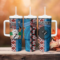 Personalised Aotearoa and Fiji Together Tumbler With Handle Melanesian Warrior and Koru - Taniko with Hibiscus Tapa Pattern LT03 - Polynesian Pride