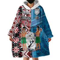 Personalised Aotearoa and Fiji Together Wearable Blanket Hoodie Melanesian Warrior and Koru - Taniko with Hibiscus Tapa Pattern LT03 - Polynesian Pride