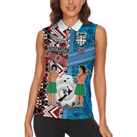 Personalised Aotearoa and Fiji Together Women Sleeveless Polo Shirt Melanesian Warrior and Koru - Taniko with Hibiscus Tapa Pattern LT03 - Polynesian Pride