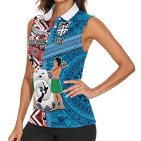 Personalised Aotearoa and Fiji Together Women Sleeveless Polo Shirt Melanesian Warrior and Koru - Taniko with Hibiscus Tapa Pattern LT03 - Polynesian Pride
