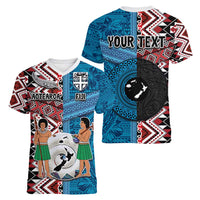 Personalised Aotearoa and Fiji Together Women V-Neck T-Shirt Melanesian Warrior and Koru - Taniko with Hibiscus Tapa Pattern LT03 - Polynesian Pride