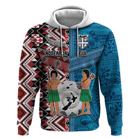 Personalised Aotearoa and Fiji Together Zip Hoodie Melanesian Warrior and Koru - Taniko with Hibiscus Tapa Pattern LT03 Pullover Hoodie Blue - Polynesian Pride
