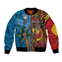 Personalised Australia and Fiji Together Bomber Jacket Tribal Palm Tree with Tapa and Aboriginal Animals Half Style LT03 Unisex Blue - Polynesian Pride