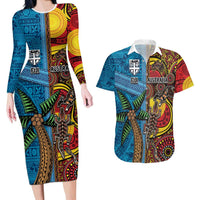 Personalised Australia and Fiji Together Couples Matching Long Sleeve Bodycon Dress and Hawaiian Shirt Tribal Palm Tree with Tapa and Aboriginal Animals Half Style LT03 Blue - Polynesian Pride