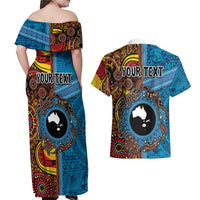 Personalised Australia and Fiji Together Couples Matching Off Shoulder Maxi Dress and Hawaiian Shirt Tribal Palm Tree with Tapa and Aboriginal Animals Half Style LT03 - Polynesian Pride