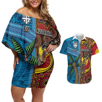 Personalised Australia and Fiji Together Couples Matching Off Shoulder Short Dress and Hawaiian Shirt Tribal Palm Tree with Tapa and Aboriginal Animals Half Style LT03 Blue - Polynesian Pride