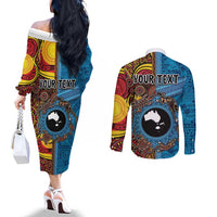 Personalised Australia and Fiji Together Couples Matching Off The Shoulder Long Sleeve Dress and Long Sleeve Button Shirt Tribal Palm Tree with Tapa and Aboriginal Animals Half Style LT03 - Polynesian Pride