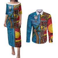 Personalised Australia and Fiji Together Couples Matching Puletasi and Long Sleeve Button Shirt Tribal Palm Tree with Tapa and Aboriginal Animals Half Style LT03 Blue - Polynesian Pride