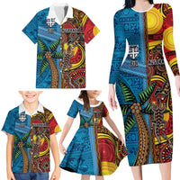 Personalised Australia and Fiji Together Family Matching Long Sleeve Bodycon Dress and Hawaiian Shirt Tribal Palm Tree with Tapa and Aboriginal Animals Half Style LT03 - Polynesian Pride