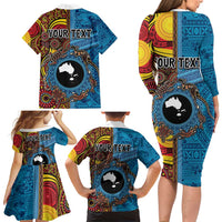 Personalised Australia and Fiji Together Family Matching Long Sleeve Bodycon Dress and Hawaiian Shirt Tribal Palm Tree with Tapa and Aboriginal Animals Half Style LT03 - Polynesian Pride
