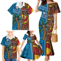 Personalised Australia and Fiji Together Family Matching Mermaid Dress and Hawaiian Shirt Tribal Palm Tree with Tapa and Aboriginal Animals Half Style LT03 - Polynesian Pride