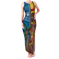 Personalised Australia and Fiji Together Family Matching Tank Maxi Dress and Hawaiian Shirt Tribal Palm Tree with Tapa and Aboriginal Animals Half Style LT03 Mom's Dress Blue - Polynesian Pride