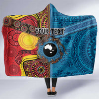 Personalised Australia and Fiji Together Hooded Blanket Tribal Palm Tree with Tapa and Aboriginal Animals Half Style LT03 One Size Blue - Polynesian Pride