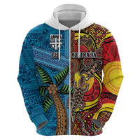 Personalised Australia and Fiji Together Hoodie Tribal Palm Tree with Tapa and Aboriginal Animals Half Style LT03 - Polynesian Pride