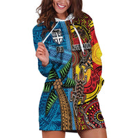 Personalised Australia and Fiji Together Hoodie Dress Tribal Palm Tree with Tapa and Aboriginal Animals Half Style LT03 Blue - Polynesian Pride