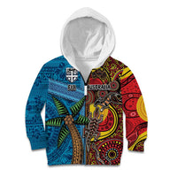 Personalised Australia and Fiji Together Kid Hoodie Tribal Palm Tree with Tapa and Aboriginal Animals Half Style LT03 Zip Hoodie Blue - Polynesian Pride