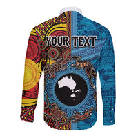 Personalised Australia and Fiji Together Long Sleeve Button Shirt Tribal Palm Tree with Tapa and Aboriginal Animals Half Style LT03 - Polynesian Pride