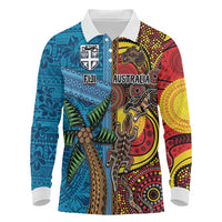 Personalised Australia and Fiji Together Long Sleeve Polo Shirt Tribal Palm Tree with Tapa and Aboriginal Animals Half Style LT03 Blue - Polynesian Pride