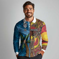 Personalised Australia and Fiji Together Long Sleeve Polo Shirt Tribal Palm Tree with Tapa and Aboriginal Animals Half Style LT03 - Polynesian Pride