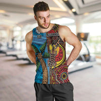 Personalised Australia and Fiji Together Men Tank Top Tribal Palm Tree with Tapa and Aboriginal Animals Half Style LT03 Blue - Polynesian Pride