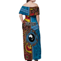 Personalised Australia and Fiji Together Off Shoulder Maxi Dress Tribal Palm Tree with Tapa and Aboriginal Animals Half Style LT03 - Polynesian Pride