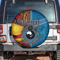 Personalised Australia and Fiji Together Spare Tire Cover Tribal Palm Tree with Tapa and Aboriginal Animals Half Style LT03 Blue - Polynesian Pride