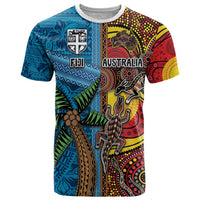 Personalised Australia and Fiji Together T Shirt Tribal Palm Tree with Tapa and Aboriginal Animals Half Style LT03 Blue - Polynesian Pride