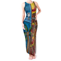 Personalised Australia and Fiji Together Tank Maxi Dress Tribal Palm Tree with Tapa and Aboriginal Animals Half Style LT03 Women Blue - Polynesian Pride