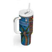 Personalised Australia and Fiji Together Tumbler With Handle Tribal Palm Tree with Tapa and Aboriginal Animals Half Style LT03 - Polynesian Pride