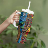 Personalised Australia and Fiji Together Tumbler With Handle Tribal Palm Tree with Tapa and Aboriginal Animals Half Style LT03 - Polynesian Pride