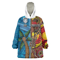 Personalised Australia and Fiji Together Wearable Blanket Hoodie Tribal Palm Tree with Tapa and Aboriginal Animals Half Style LT03 One Size Blue - Polynesian Pride