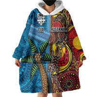 Personalised Australia and Fiji Together Wearable Blanket Hoodie Tribal Palm Tree with Tapa and Aboriginal Animals Half Style LT03 - Polynesian Pride