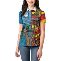 Personalised Australia and Fiji Together Women Polo Shirt Tribal Palm Tree with Tapa and Aboriginal Animals Half Style