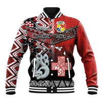 Personalised Aotearoa and Tonga Together Baseball Jacket Manaia and Tongan Tribal Cross - Taniko and Ngatu Art Tattoo LT03 Unisex Red - Polynesian Pride