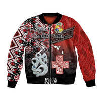 Personalised Aotearoa and Tonga Together Bomber Jacket Manaia and Tongan Tribal Cross - Taniko and Ngatu Art Tattoo LT03 Unisex Red - Polynesian Pride