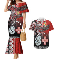 Personalised Aotearoa and Tonga Together Couples Matching Mermaid Dress and Hawaiian Shirt Manaia and Tongan Tribal Cross - Taniko and Ngatu Art Tattoo LT03 Red - Polynesian Pride