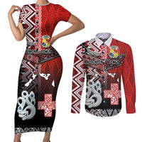 Personalised Aotearoa and Tonga Together Couples Matching Short Sleeve Bodycon Dress and Long Sleeve Button Shirt Manaia and Tongan Tribal Cross - Taniko and Ngatu Art Tattoo LT03 Red - Polynesian Pride